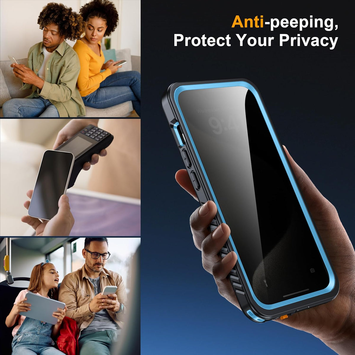 for iPhone 15 Pro Case Waterproof - Built-in Privacy Screen Protector & HD Screen Protector [IP68 Underwater] Shockproof Dustproof Full Body Protection iPhone 15 Pro Phone Case Blue