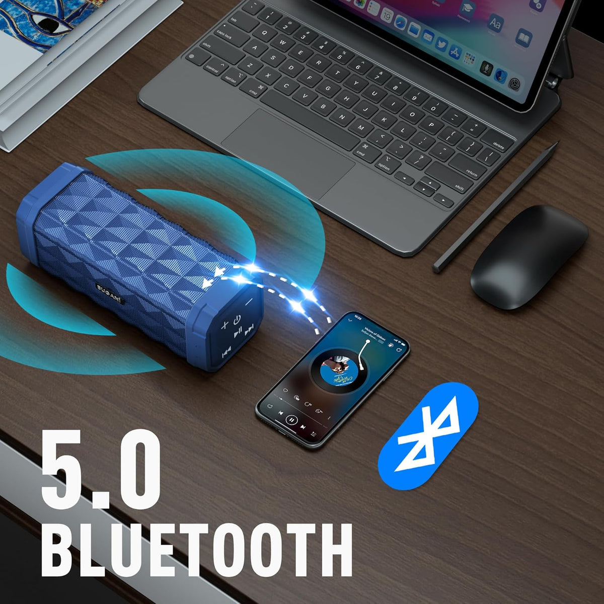 BUGANI Bluetooth Speakers Portable Bluetooth Speaker, 100ft Wireless Range, Louder Volume, Stereo Sound, Amazing Bass 24H Playtime, IPX5, Built-in Mic, Wireless Speaker for Ourdoor Indoor(Blue)
