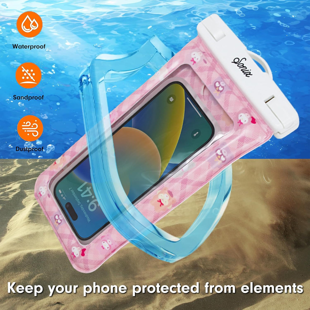Sonix x Sanrio Waterproof Phone Pouch - Floating Phone Case Dry Bag w/Crossbody Lanyard - Beach Cruise Travel Essentials - Compatible w/All Devices, Touchscreen Friendly | Hello Kitty Latte Bears