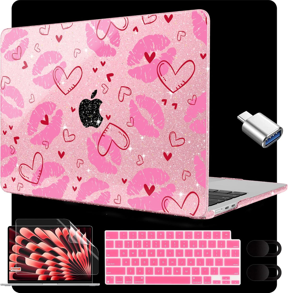 MEEgoodo for M4/M3/M2 MacBook Air 15.3 inch Case 2025 2024 2023, Case Fit Model (A3241/A3114/A2941) for MacBook Air 15 inch, Laptop Hard Shell with Keyboard Cover, Cute Kiss & Love