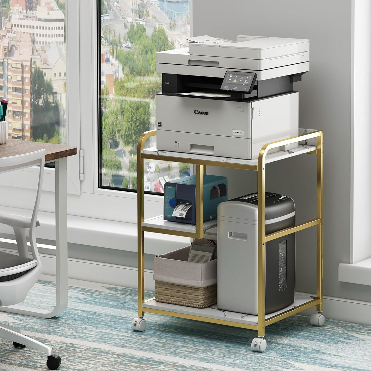 Large Printer Table Stand with Shelf for Computer Tower, CPU and Shredder, 22 x 18 Inch Rolling Printer Cart with Wheels for Home Office Storage and Organization - White Gold
