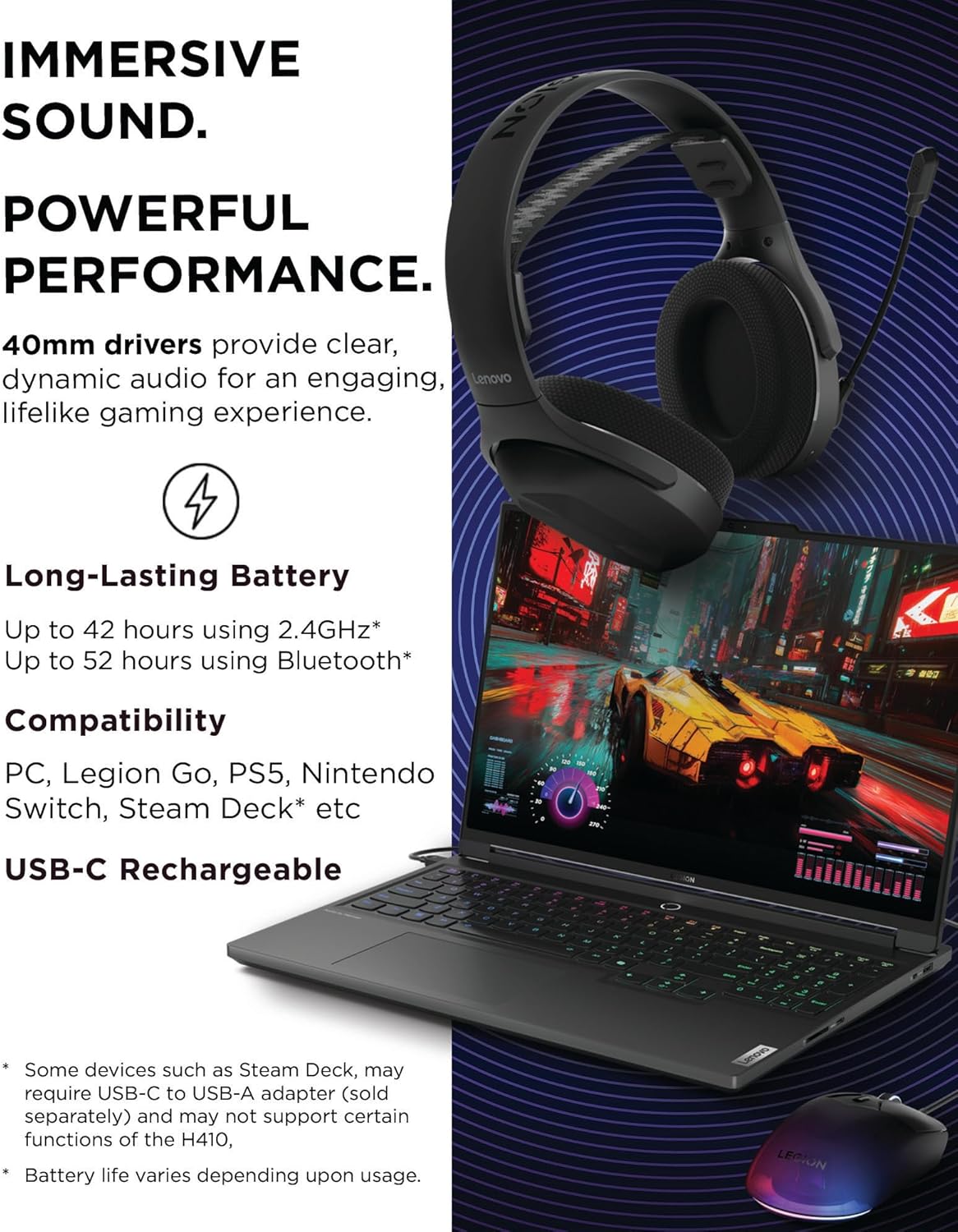 Lenovo Legion H410 Wireless Gaming Headset, Bluetooth or 2.4 GHz USB-A Connection, Lightweight (304 Grams), Adjustable Headband, Flip to Mute Mic, Black