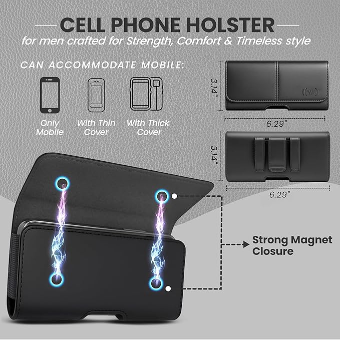 Wireless City Leather Phone Holster for iPhone 17/17 Pro 16/16 Pro/16e 15/15 Pro 14/14 Pro 13/13 Pro 12/12 Pro 11 XR Horizontal Belt Clip & Loop Phone Pouch Magnetic Closure Phone Holder for Men Black