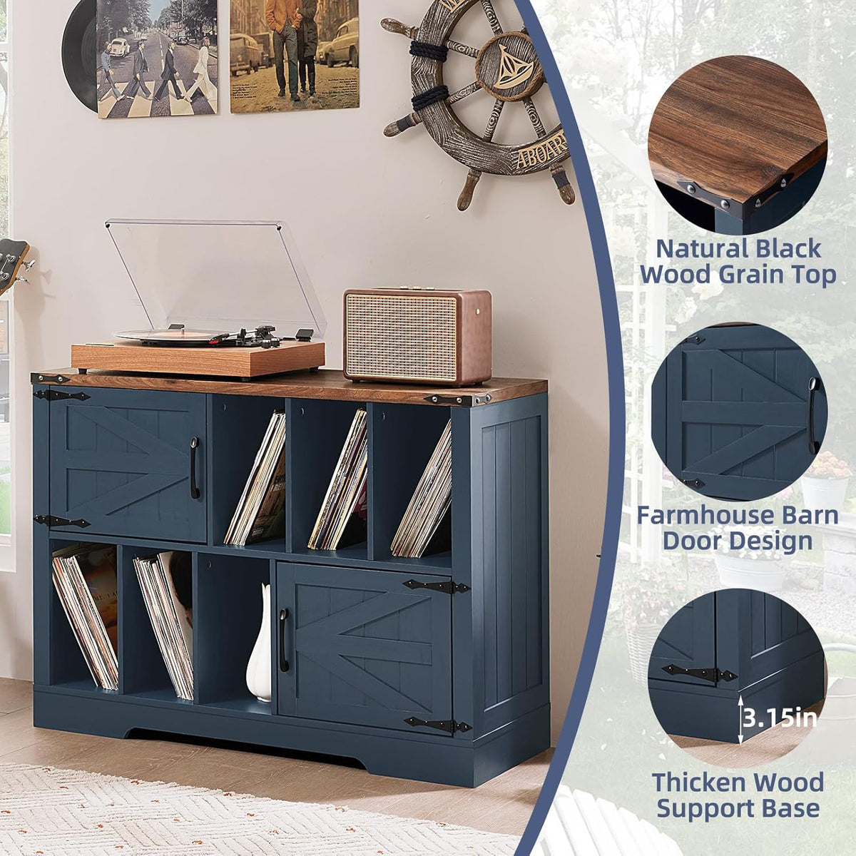 Large Record Player Stand with Vinyl Storage Up to 450 Albums, 39 Inch Farmhouse Wood Navy Blue Vinyl Records Storage Cabinet with Barn Doors, Mid-Century Turntable Stand for Living Room