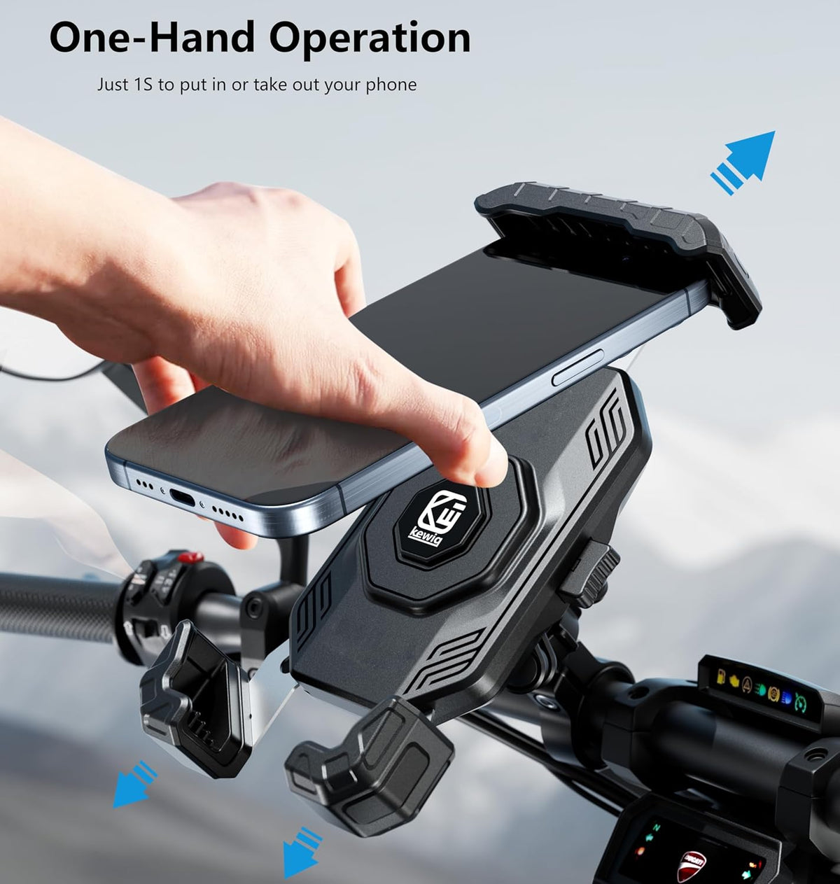 Kewig Motorccyle Phone Mount with Vibration Dampener, 1s Lock Motorcycle Phone Holder with Aluminum Alloy Mounting Base, Bike Handlebar Phone Holder for Motorcycle Bike Scooter, for 5.5''-7.2'' Phones