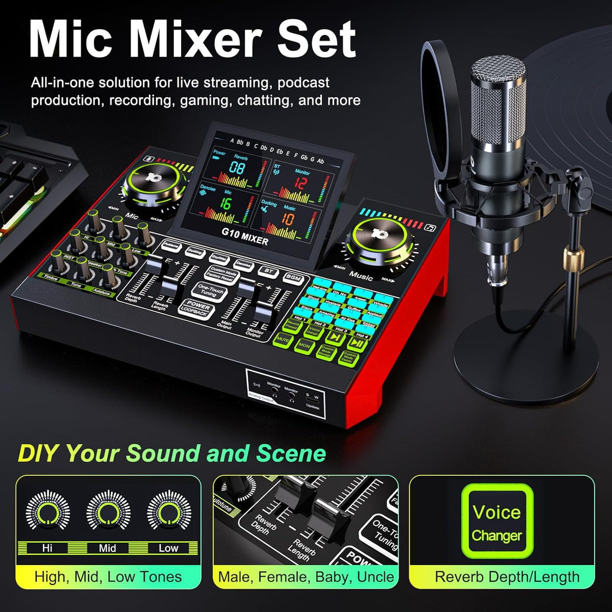 G10 podcast equipment bundled with audio mixer integrated podcast production studio, equipped with P15 microphone, used for live streaming, podcast recording PC,YouTube Recording