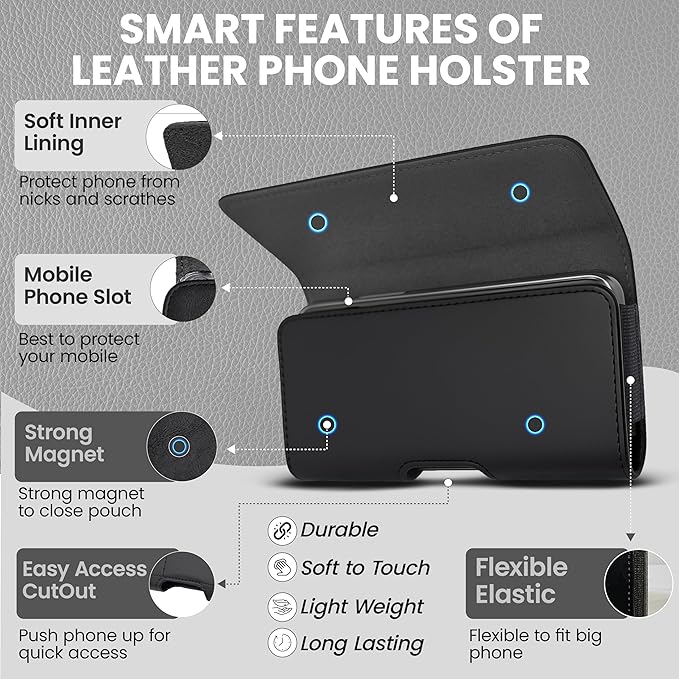 Wireless City Large Leather Phone Holster for iPhone 16/15/14 Plus, iPhone Air 2025, 11 Pro Max, XS Max, Horizontal Belt Clip & Loop Phone Pouch, Magnetic Closure Belt Holder for Men & Women (Black)