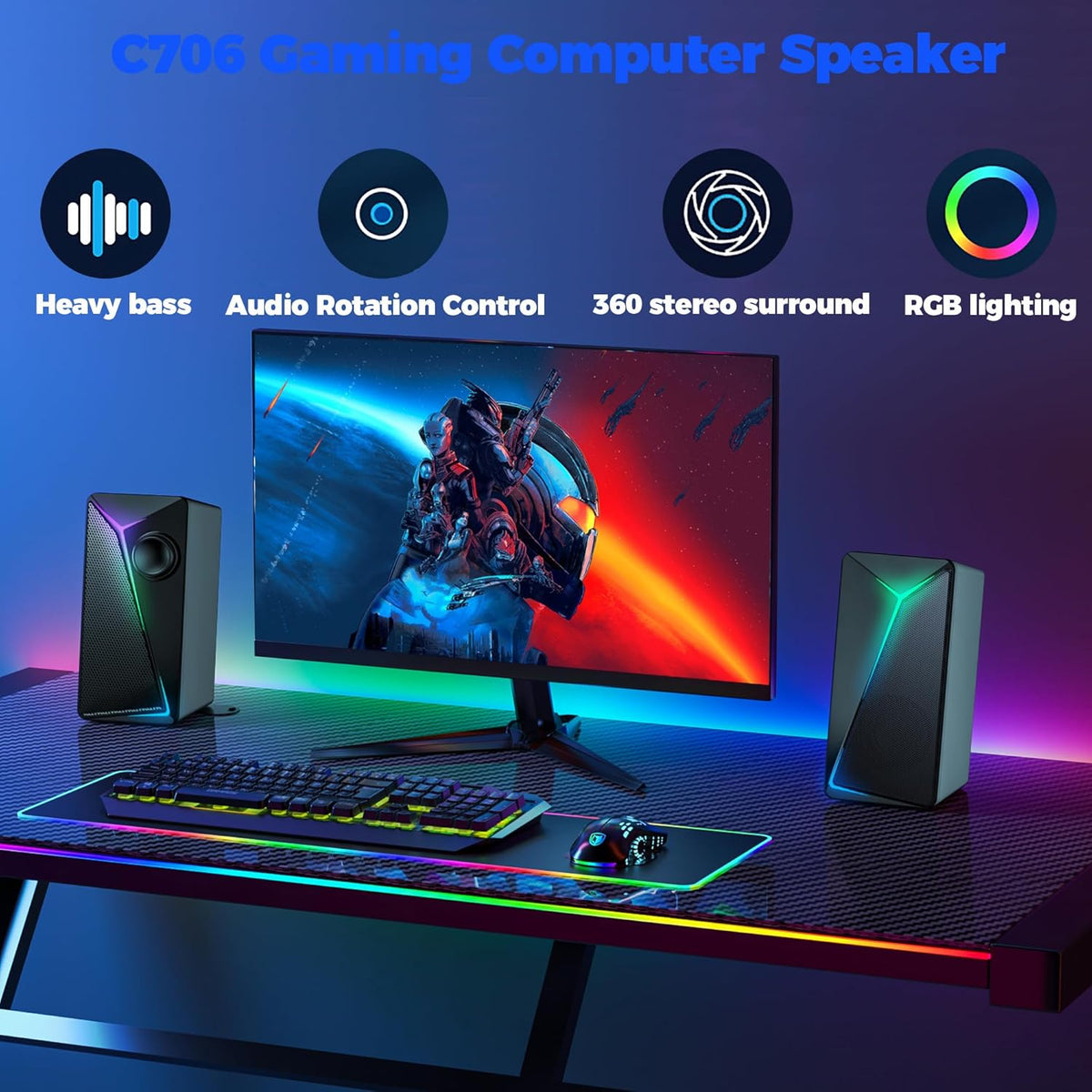 ROSON Computer Speakers, Gaming PC Speakers with Enhanced Bass and Volume Control, Stereo 2.0 USB Powered 3.5mm Aux Multimedia Speakers for Laptop/Desktop/Tablets/Phone