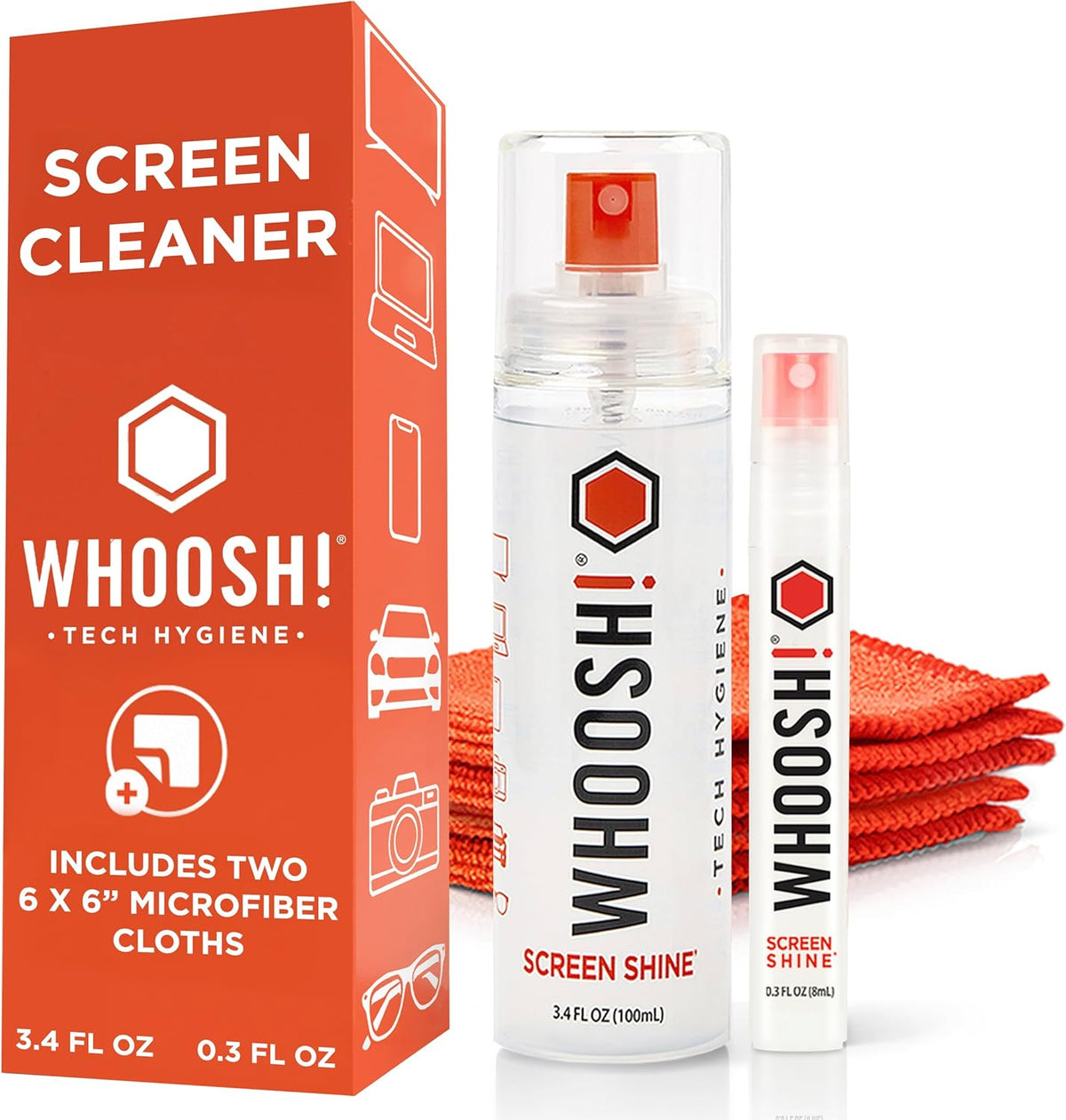 WHOOSH! Screen Shine Duo - Screen Cleaner Spray for iPad, Monitor, Laptop, MacBook - 3.4 oz & 0.3 oz Bottles with 2 Microfiber Cloths - Portable Electronic Cleaning Kit for Travel, Office, and Home