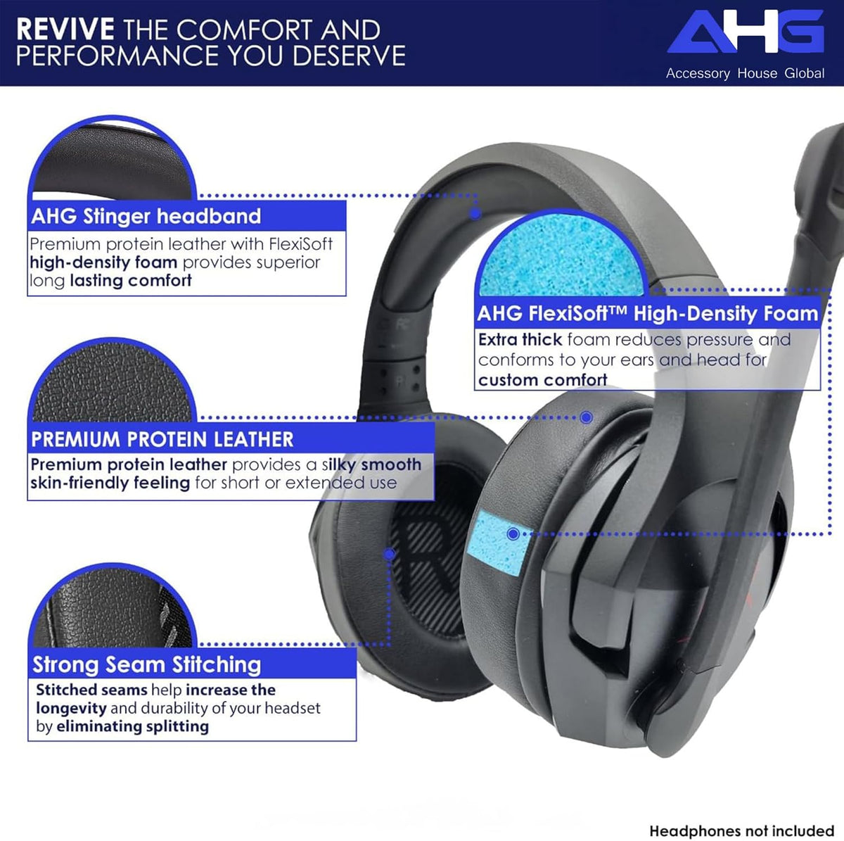 AHG Upgrade Premium Replacement Cloud Stinger Ear Pads Cushions and Headband Cover. Compatible with Kingston HyperX Cloud Stinger Headset. Premium Protein Leather | Extra Thick AHG FlexiSoft Foam