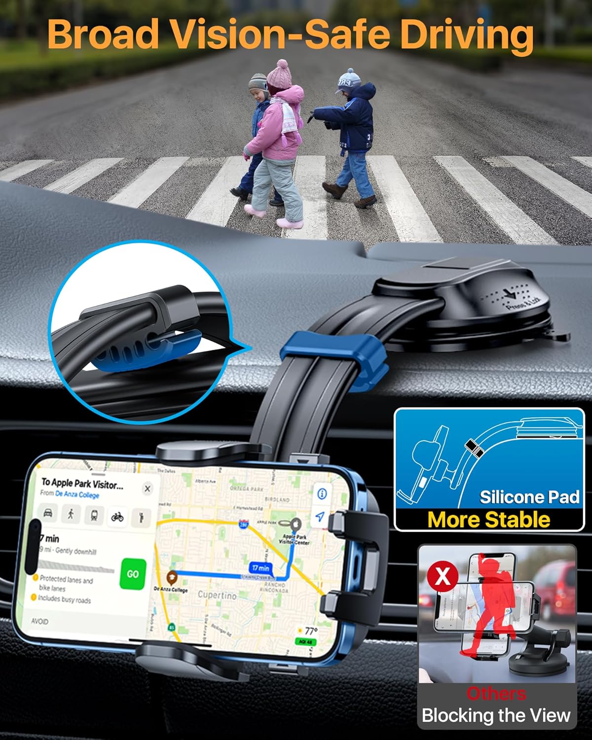 HTU Upgraded Strongest Suction Car Phone Holder Bendable Arm, Never Block View Rotatable Cellphone Mount for Dashboard Windshield Vent, Cradle Stand for iPhone 16 15 14 13 12 Pro Max (Black)