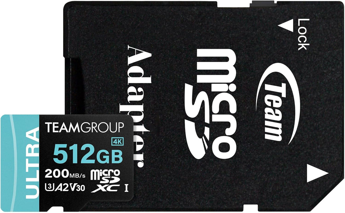 TEAMGROUP A2 Ultra Card 512GB Micro SDXC UHS-I U3 A2 V30, R/W up to 200/170 MB/s with Adapter TULMSDX512GIA2V3022503