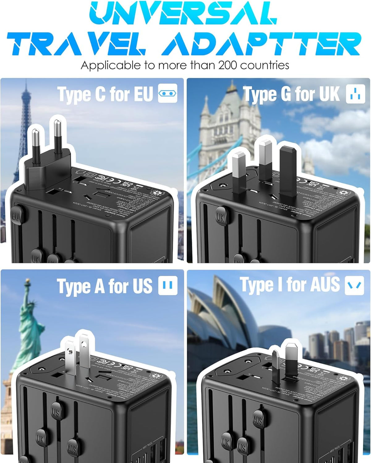 Universal Travel Adapter 35W PD Fast Charging Offers 3 USB-A Ports, 2 USB-C Ports and Multi AC Outlet, International Plug Adapter Worldwide Travel Charger All in One for EU US UK AUS