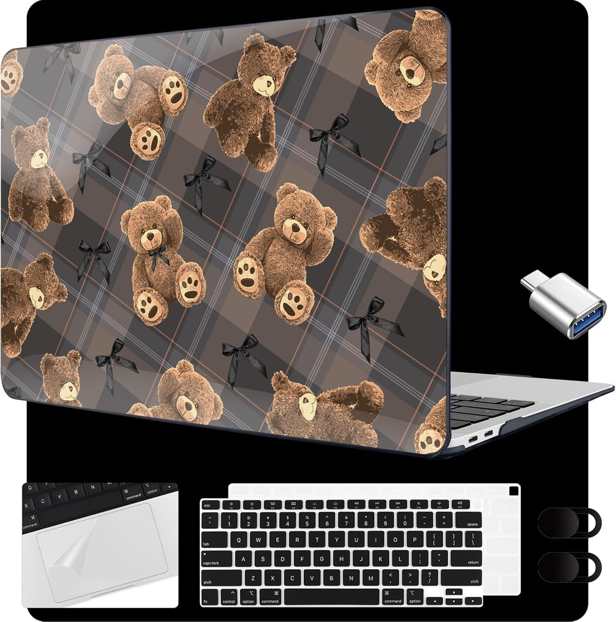 MEEgoodo for MacBook Air 13.3 inch Case 2021 2020 2019 2018 A2337 M1 A2179 A1932, Laptop Shell for MacBook Air M1 with Keyboard Webcam Cover & Trackpad Film & Type C Adapter,Cute Little Bear
