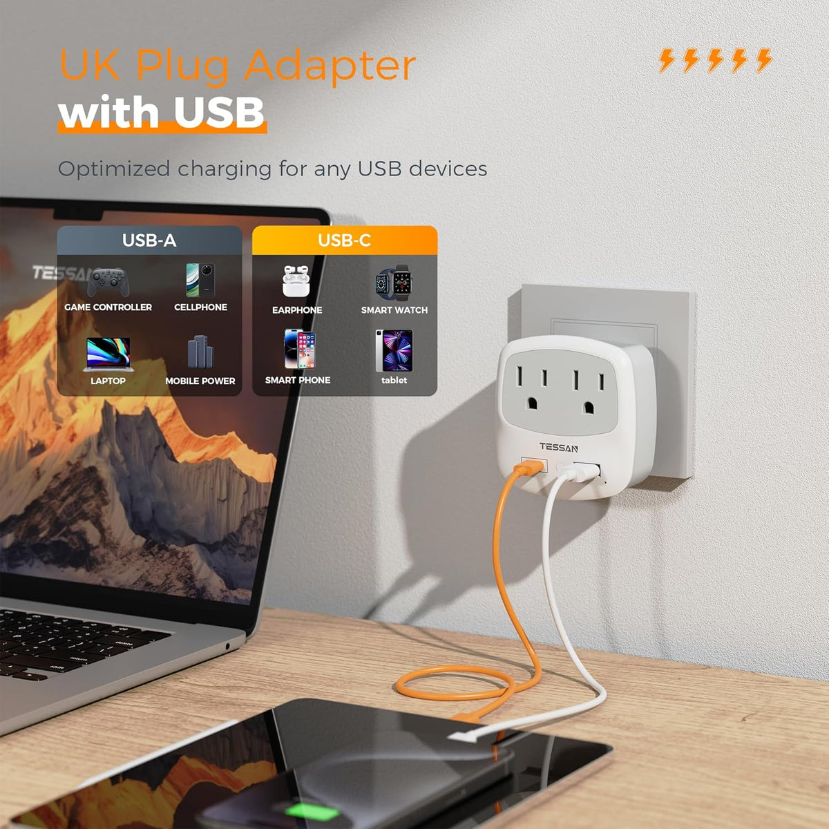 US to UK Plug Adapter, TESSAN Type G Travel Adaptor with 2 Electrical Outlets 2 USB Ports (1 USB C), Ireland Power Adapter for USA to England London Scotland British Dubai Kenya Hong Kong Qatar
