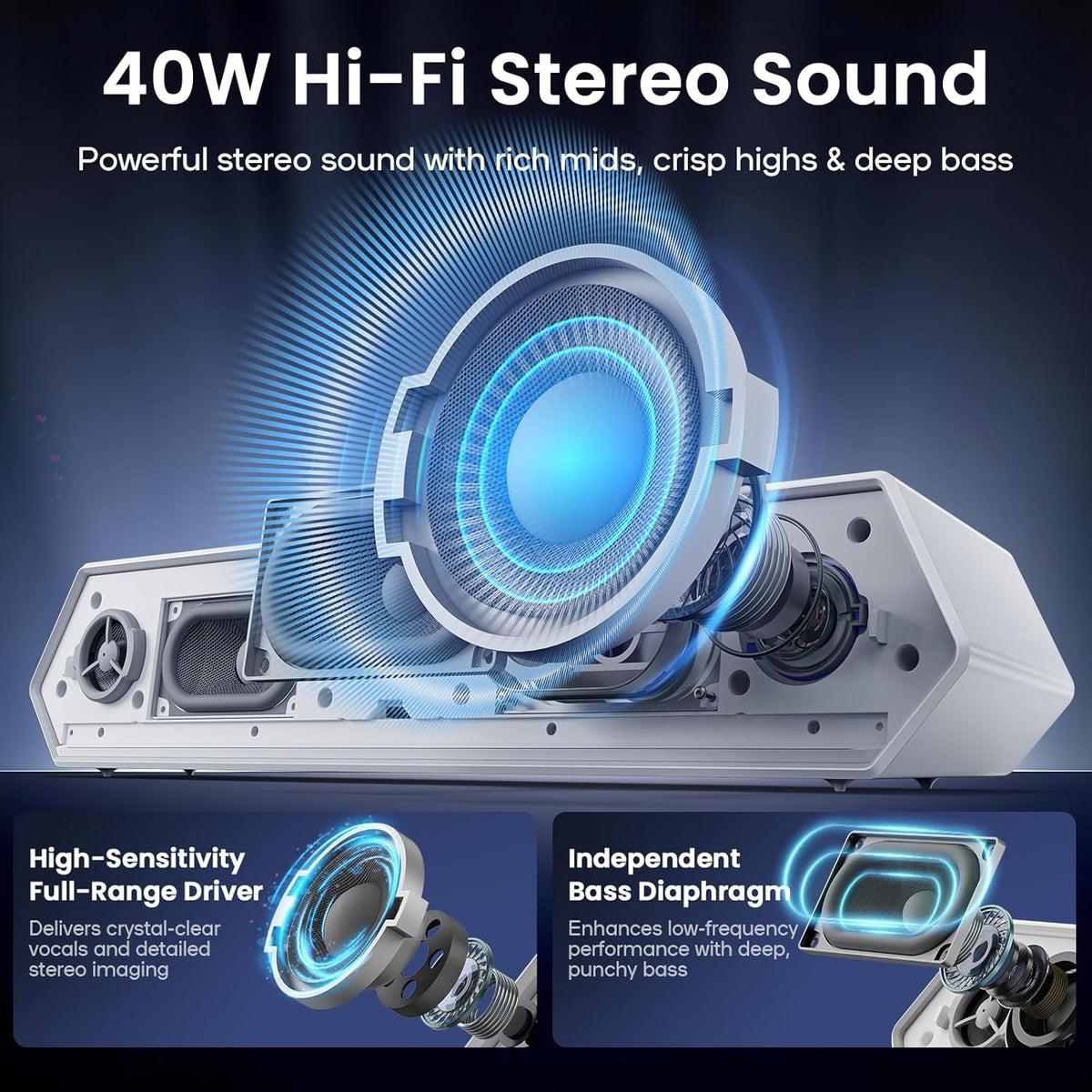 Deeyaple Computer Speakers, 40W Wireless Soundbar for Desktop PC with Bluetooth 5.3 & USB Audio, Dynamic RGB Lighting, Software Custom EQ, External Power Adapter Gaming Speakers, Laptop, Xbox White