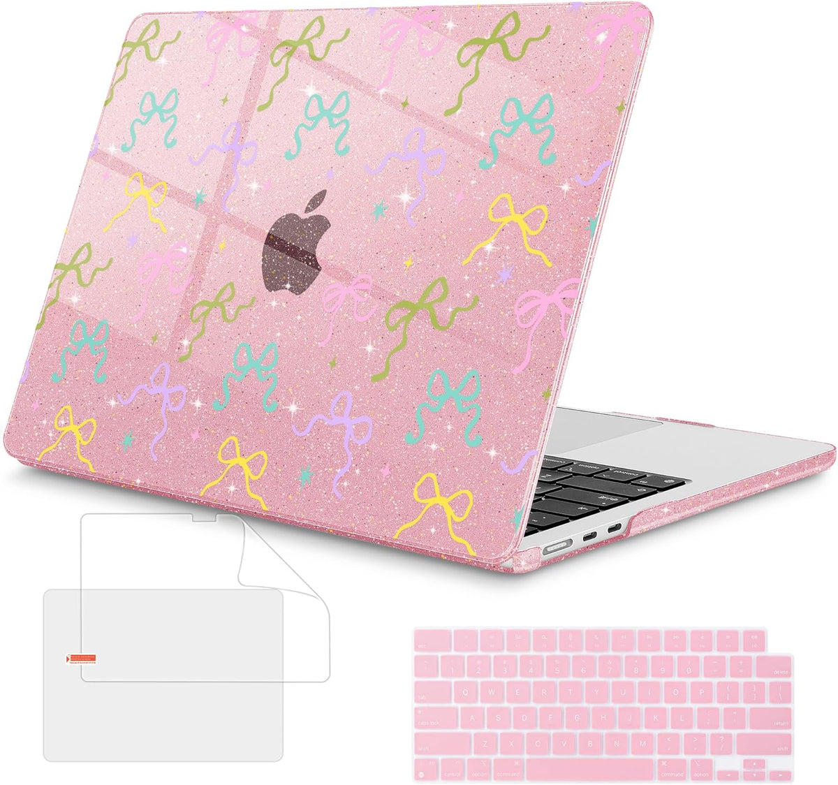 Mektron Compatible with M4 MacBook Air 15 inch Case 2025 A3241 2024 2023 M3 A3114 A2941 M2 Liquid Retina Display Touch ID, Plastic Hard Case & Keyboard Skin - Gilitter Pink Colorful Bows