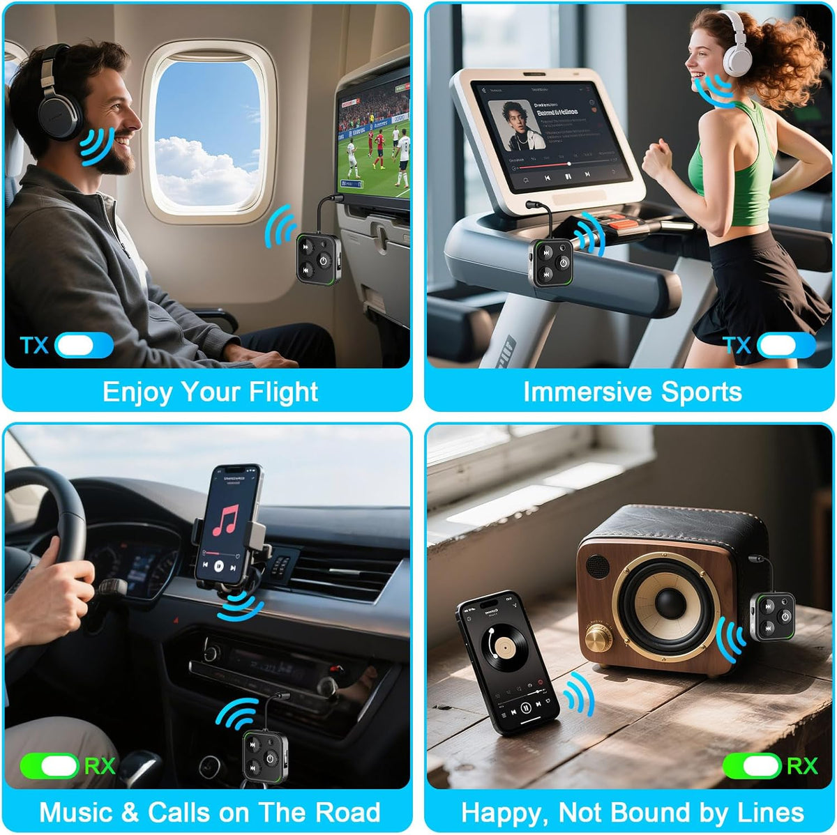 2025 Pro Bluetooth 5.4 Transmitter Receiver, 2-in-1 Wireless Audio Adapter for Airplane/TV/PC/Gym - Dual Link Headphone, Low Latency, Battery Display, Built-in Mic, 30H Playtime, Aviation Metal Frame