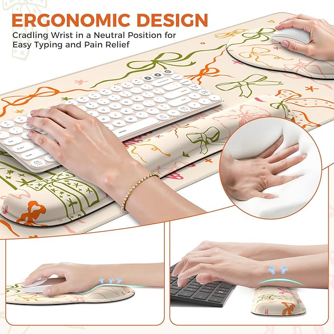 iCasso Desk Pad Mat Large Mouse Pad and Keyboard Wrist Rest Set Desk Protector Mat4in1 Ergonomic Carpal Tunnel Keyboard Pad with Wrist Support for Desktop Home Office Computer (Colorful Ribbon)
