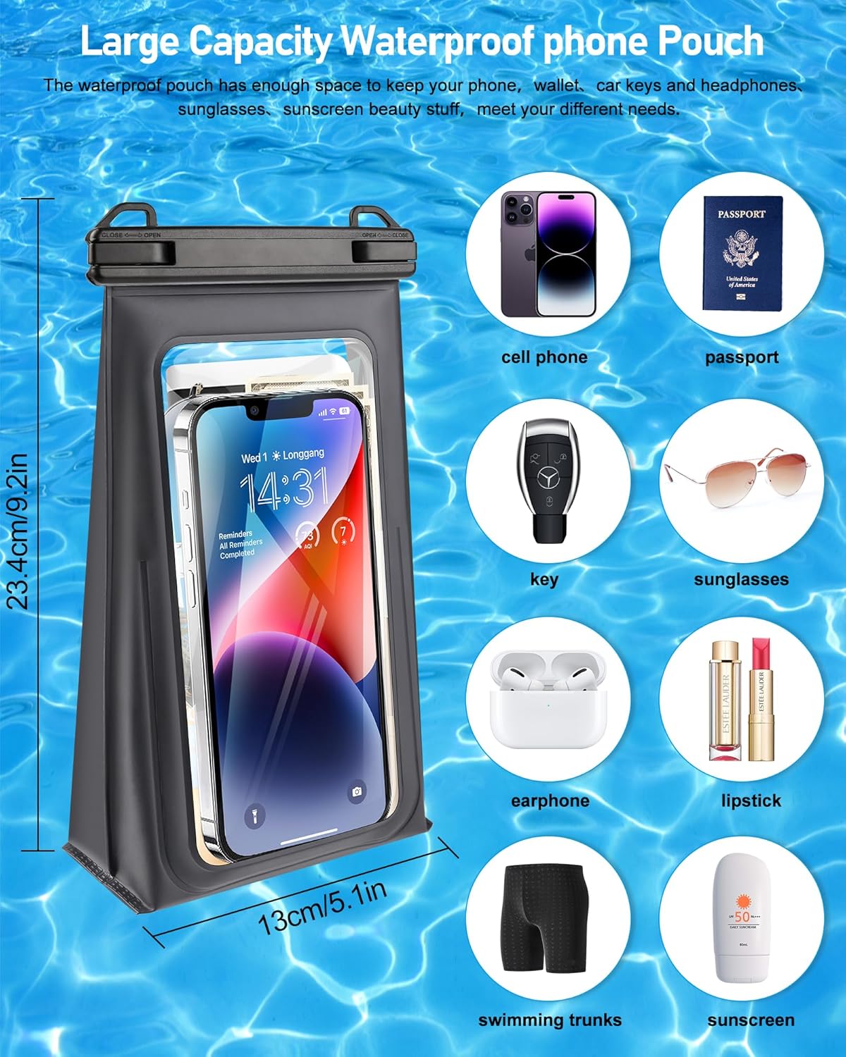 Large Waterproof Phone Pouch Universal Phone Waterproof Case for Phone IPX8 Water Proof Dry Bag with Wide Lanyard Large Capacity Waterproof Bag for Swimming Rafting