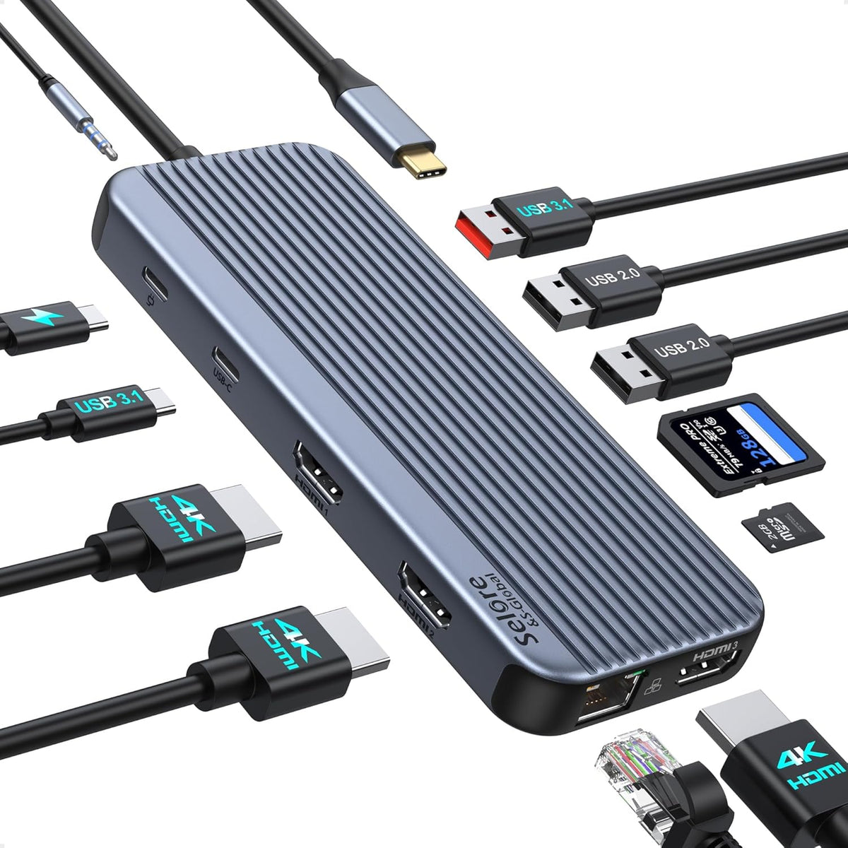 USB C Docking Station 3 HDMI, Docking Station 3 Monitors,12 in 1 Docking Station Dual Monitor, Laptop Docking Station Triple HDMI with 10Gbps USB A/C 3.1,USB 2.0,100W PD,Ethernet, Audio&Mic,SD&TF Slot