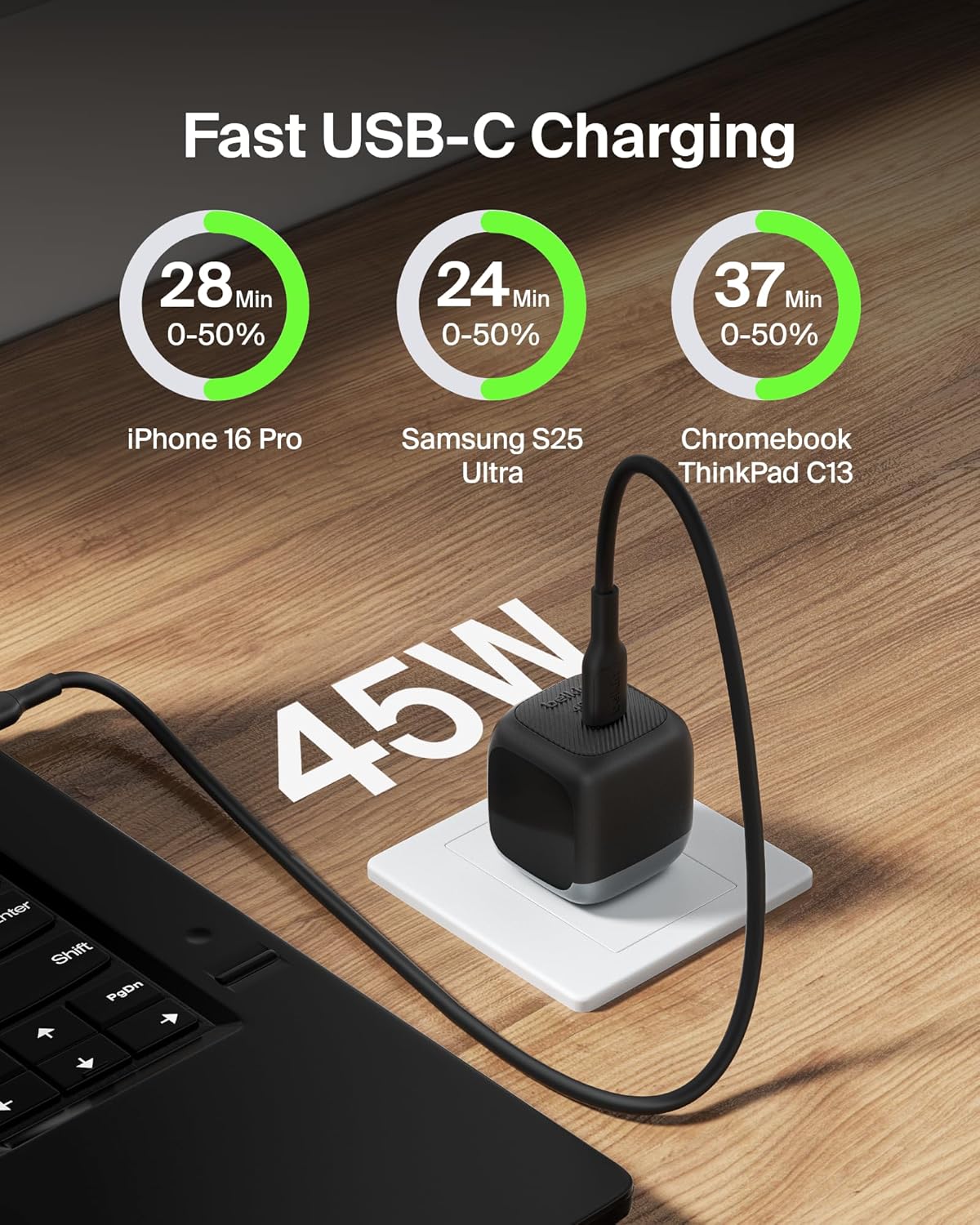 Belkin USB C Charger Block 45W (2 Pack) - USB C Cable Included - PD3.1 PPS Fast Charging - Samsung Galaxy S25, S24, S23, S22, Apple iPhone 16, iPhone 15, Google Pixel 9, Nintendo Switch, etc - Black