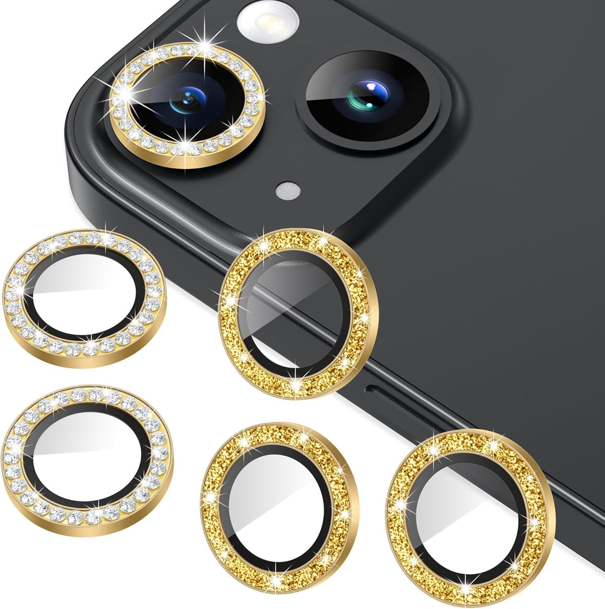 AGVEE 3+3 6 Pack for iPhone 15/15 Plus Camera Lens Protector, Bling Diamond & Bling Glitter Metal Ring 9H Tempered HD Glass Camera Protector Cover Film, Bling-Gold