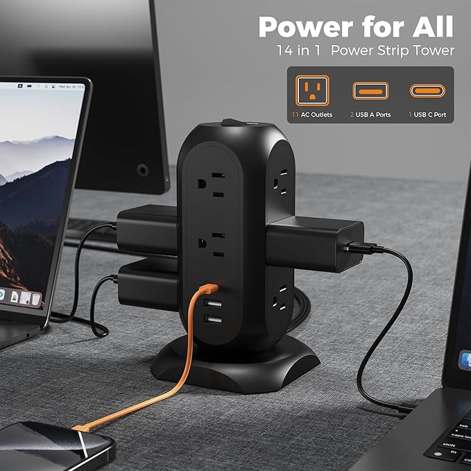 TESSAN Tower Power Strip Flat Plug with 1050J Surge Protection, 6 Ft, Black