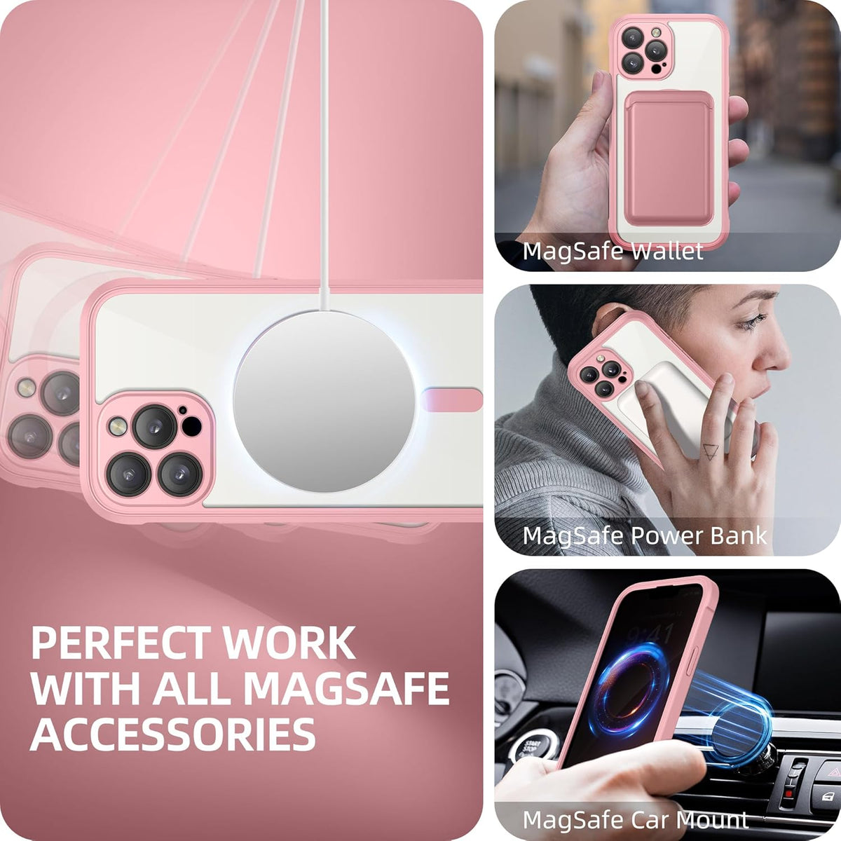 BERFY Magnetic for iPhone 13 Pro Max Case, Compatible with MagSafe, Built-in Privacy Screen Protector and Upgraded Camera Protection, Anti-Spy Full Body Shockproof Phone Case for 13 Pro Max 6.7", Pink