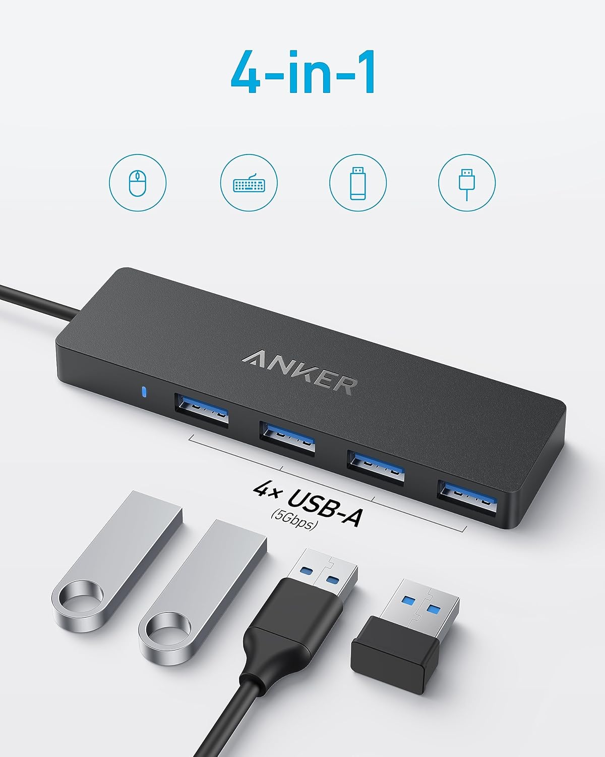 Anker 4-Port USB 3.0 Hub with 5Gbps Data Transfer, Ultra-Slim Data USB C Hub [Charging Not Supported], for MacBook, iMac, Surface, Mobile HDD, and More (USB-C, 0.7 ft)