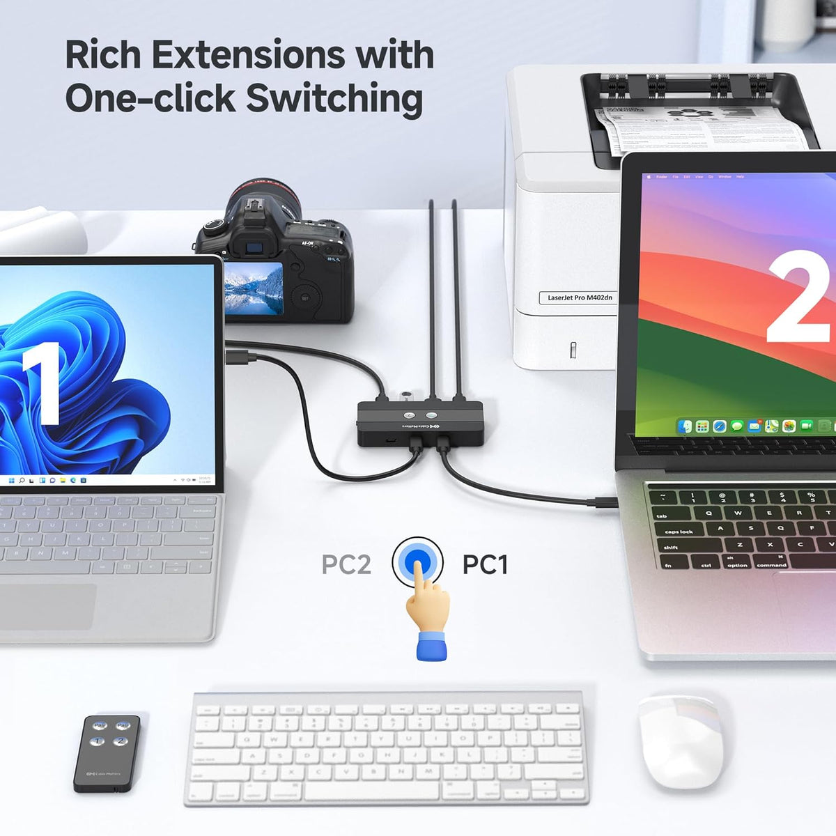 Cable Matters USB C Switch for 2 Computers with Remote Control, 10Gbps Data Transfer, Shares 2X USB-A and 2X USB-C Peripherals (Keyboard, Mouse, Printer, SSD), Data Only - No Video, No Host Charging
