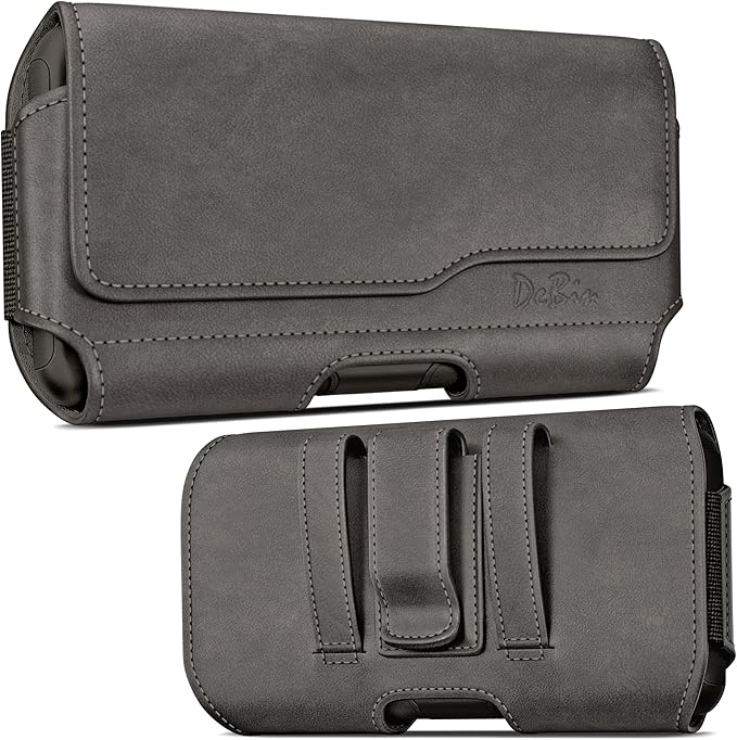 DeBin Holster for Large iPhone Plus, Pro Max Models 17 16 15 14 13 12 11 Xs Max – Leather Cell Phone Belt Holder Case with Clip, Carrying Pouch Cover Fits Phone with Case on, Pewter