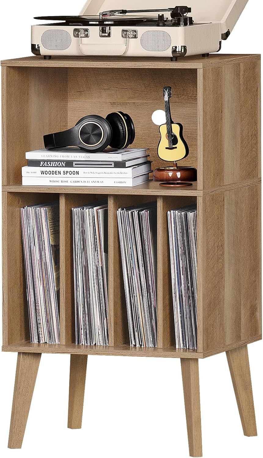 Lerliuo Record Player Stand, Oak Turntable Stand Holds up to 160 Albums, Mid-Century Vinyl Storage Cabinet Table with Solid Wood Legs, Record Player Holder Dispaly Shelf for Bedroom Living Room