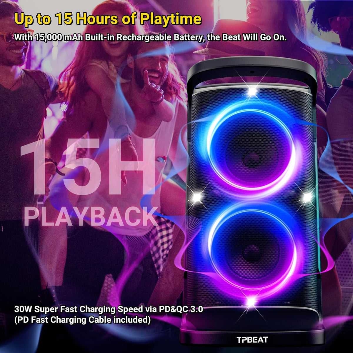 Portable Bluetooth Speaker: 160W Peak Powerful Loud Sound Deep Bass Wireless Boombox Large Subwoofer 15 Hours Battery Life Fast Charging