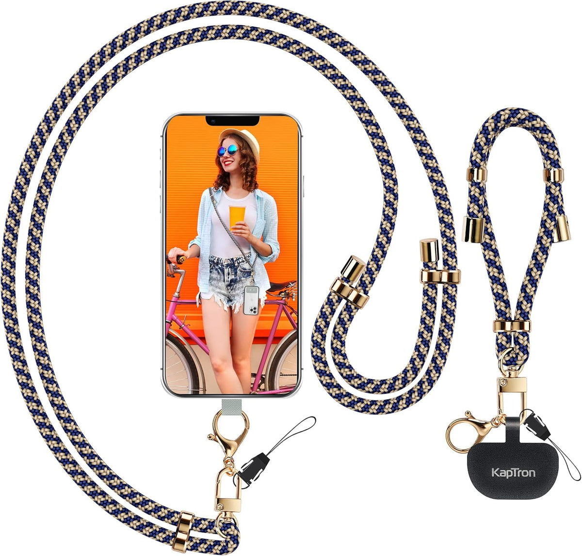Universal Phone Lanyard with Wrist Strap, Adjustable Crossbody Cell Phone Lanyard Neck Strap and Wristlet Strap with 2 Lobster Clips, Phone Tether Patches and Phone Straps (Beige/Navy Blue, 2 Pack)
