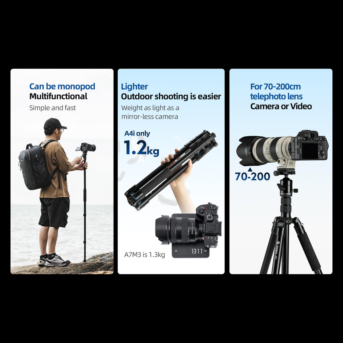 Fotopro 73'' Camera Tripod, Foldable Aluminum Tripod/Monopod, Detachable Fluid Head with Quick Release Plate, Lightweight Tripod for Camera, Phone