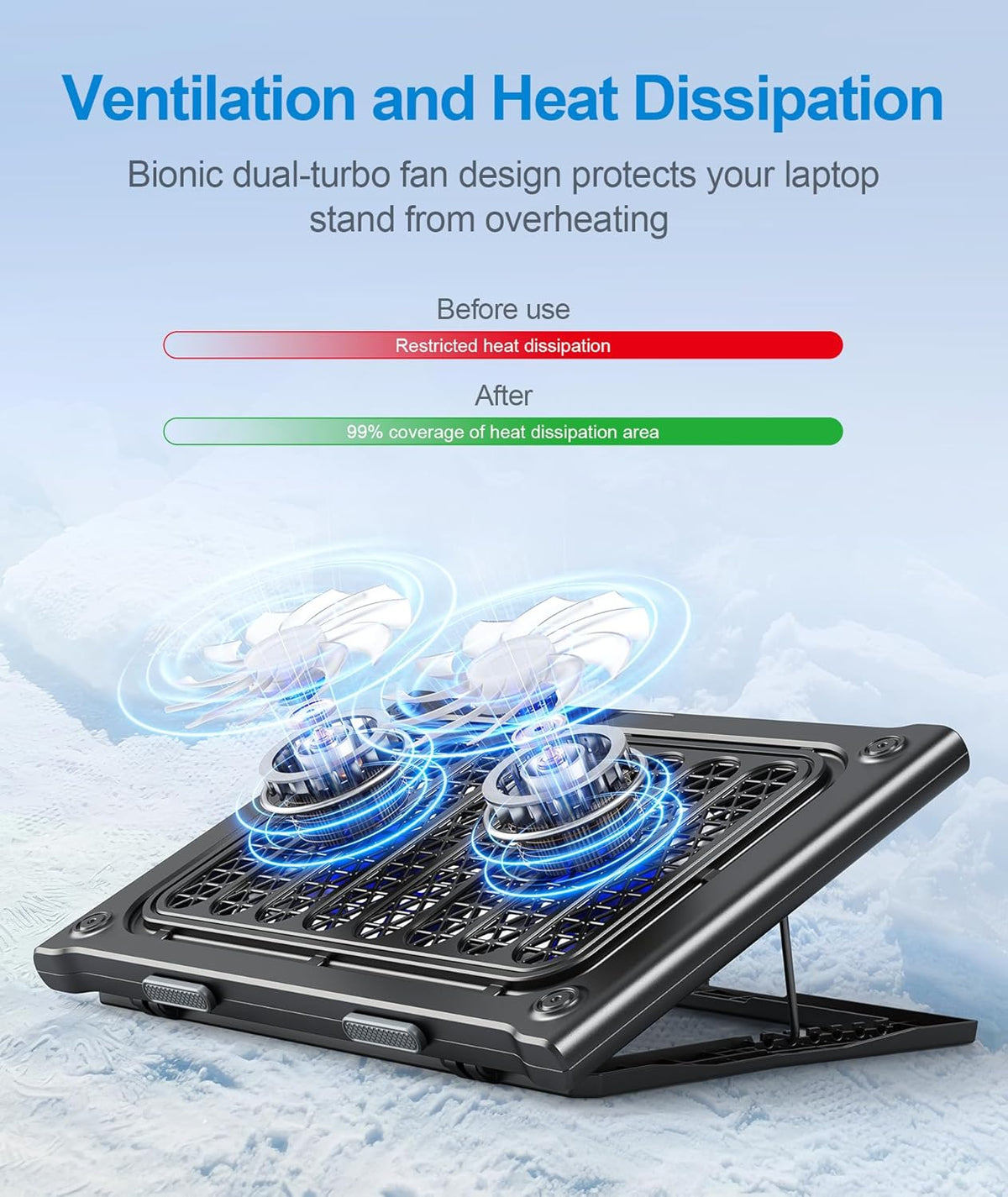 Laptop Cooling Pad Stand, Laptop Cooler with 2 Silent Fans for 10-15.6 Inch Laptops,6 Levels of Height Adjustable Wind Speed with 2 USB Ports (Black)