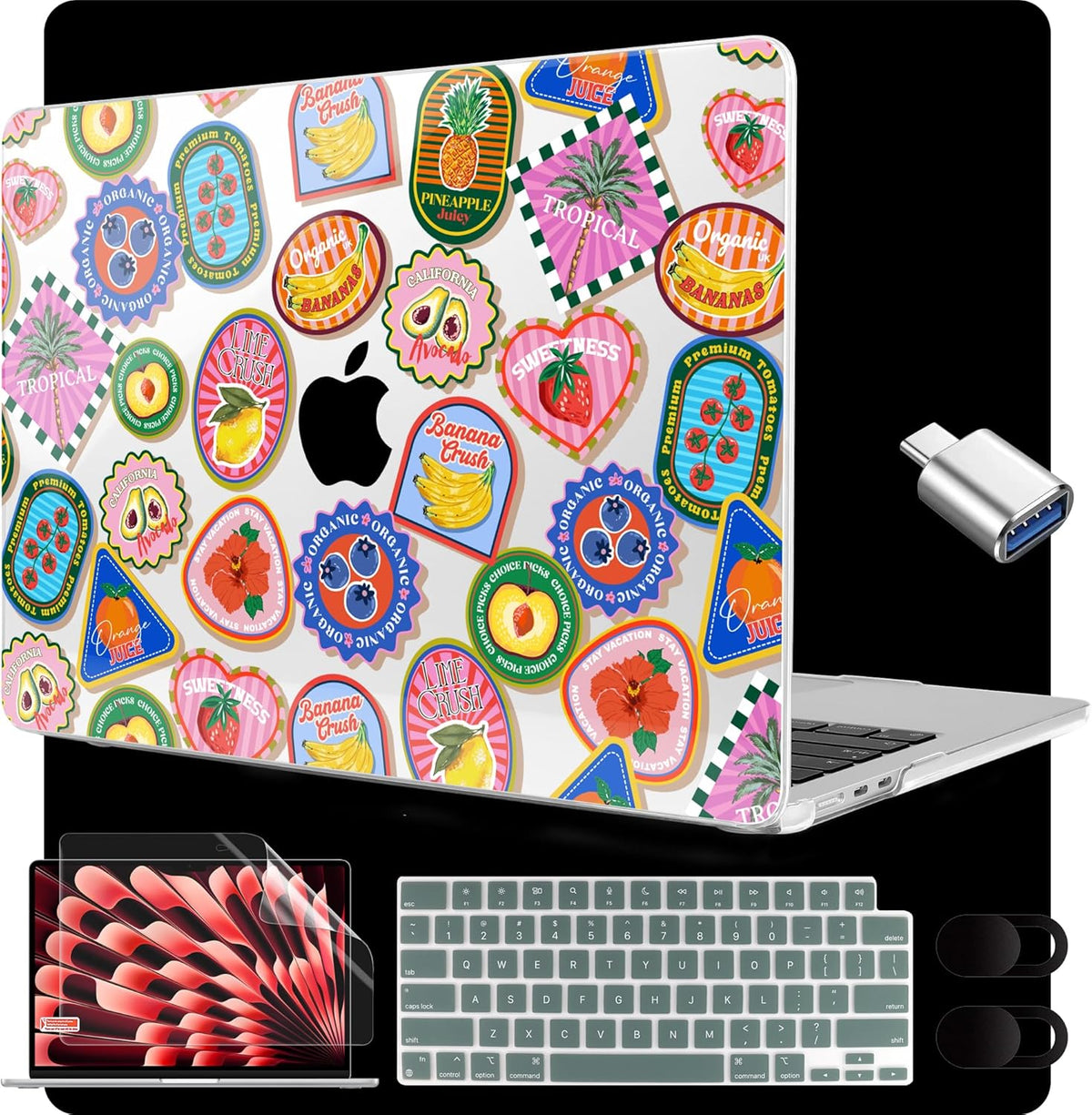 MEEgoodo for M4/M3/M2 MacBook Air 15.3 inch Case 2025 2024 2023, Case Fit Model (A3241/A3114/A2941) for MacBook Air 15 inch, Laptop Hard Shell with Keyboard Cover, Fruit & Sticker