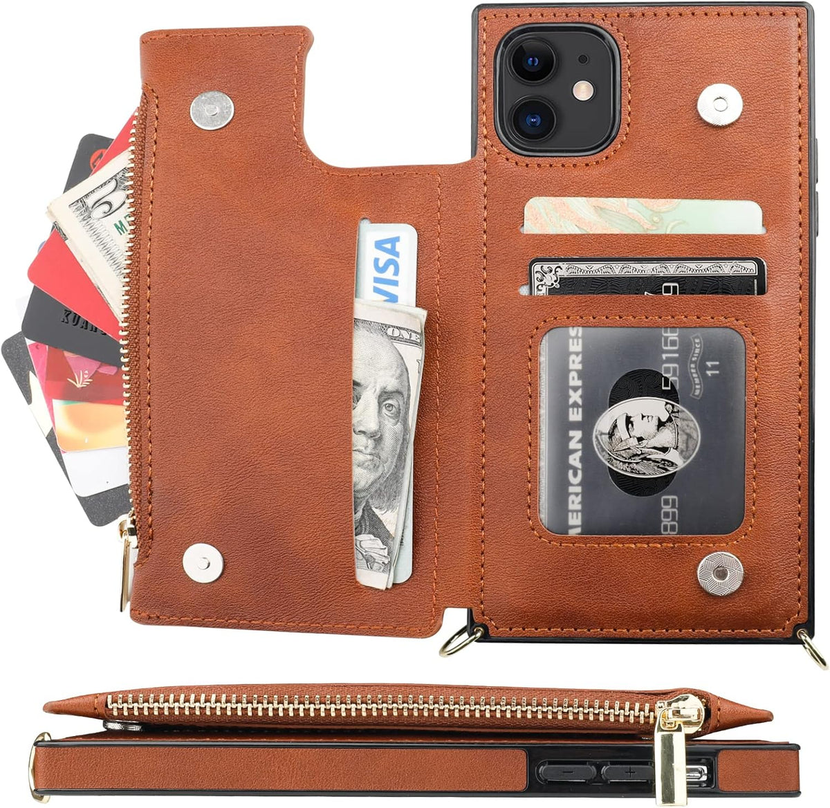 Bocasal Crossbody Wallet Case for iPhone 11 with Card Holder,Zipper Card Slot Protector Shockproof Purse Cover with Removable Cross Body Strap 6.1 Inch(Brown)