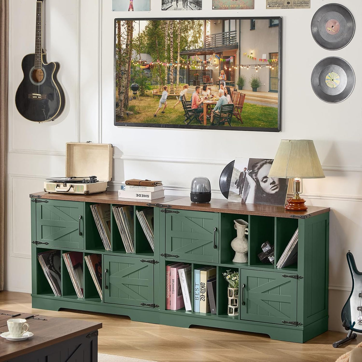 Large Record Player Stand with Vinyl Storage Up to 450 Albums, 39 Inch Farmhouse Wood Green Vinyl Records Storage Cabinet with Barn Doors, Mid-Century Accent Turntable Stand for Living Room