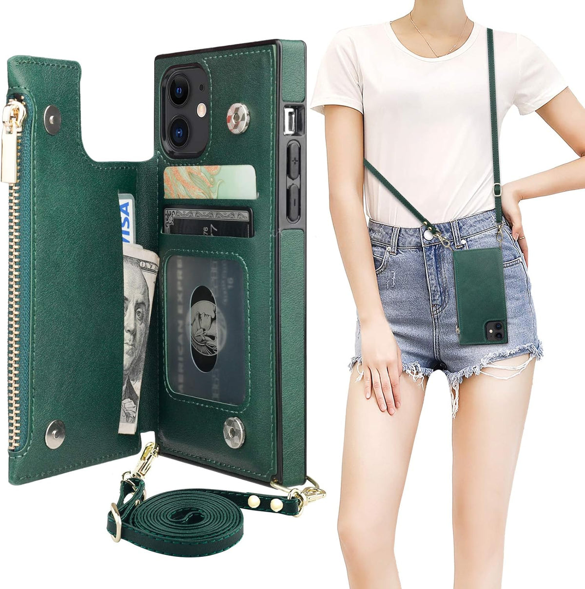 Bocasal Crossbody Wallet Case for iPhone 11 with Card Holder,Zipper Card Slot Protector Shockproof Purse Cover with Removable Cross Body Strap 6.1 Inch(Green)