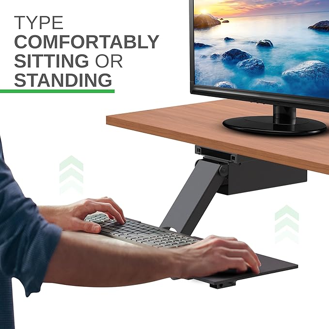 Uncaged Ergonomics KT2-b Under-Desk Adjustable Height & Angle Sit to Stand Up Keyboard Tray with negative tilt Best standing desk computer keyboard holder drawer