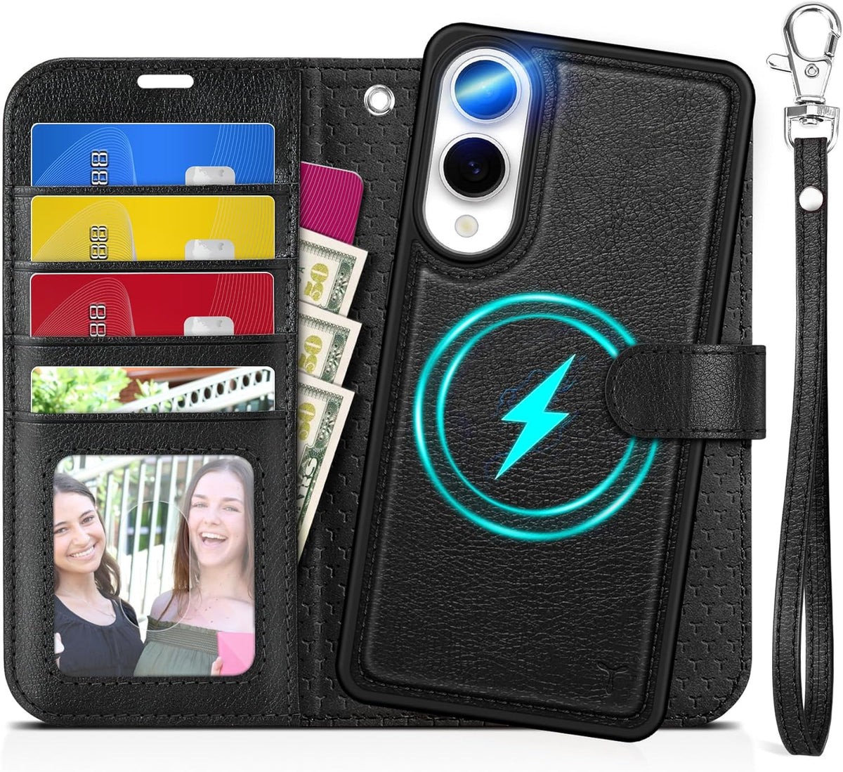 TUCCH Wallet Case for Galaxy S25 Edge, [Removable] [Wireless Charging] Wrist Strap RFID Blocking [4 Card Holders] PU Leather Cover, Magnetic Detachable Stand Folio for Galaxy S25 Edge, Textured Black