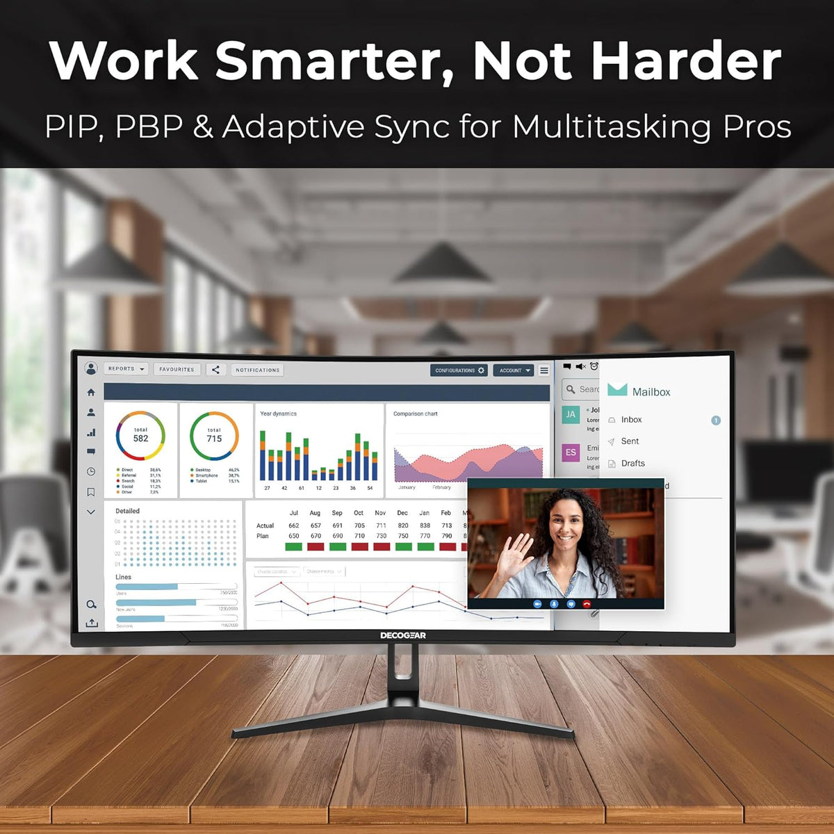 Deco Gear 34” Curved Ultrawide Business Monitor | 3440x1440, 100Hz, 1500R, 99% sRGB | Adjustable Stand, 2 HDMI and 2 DisplayPort | HDR, Low Blue Light, PIP/PBP