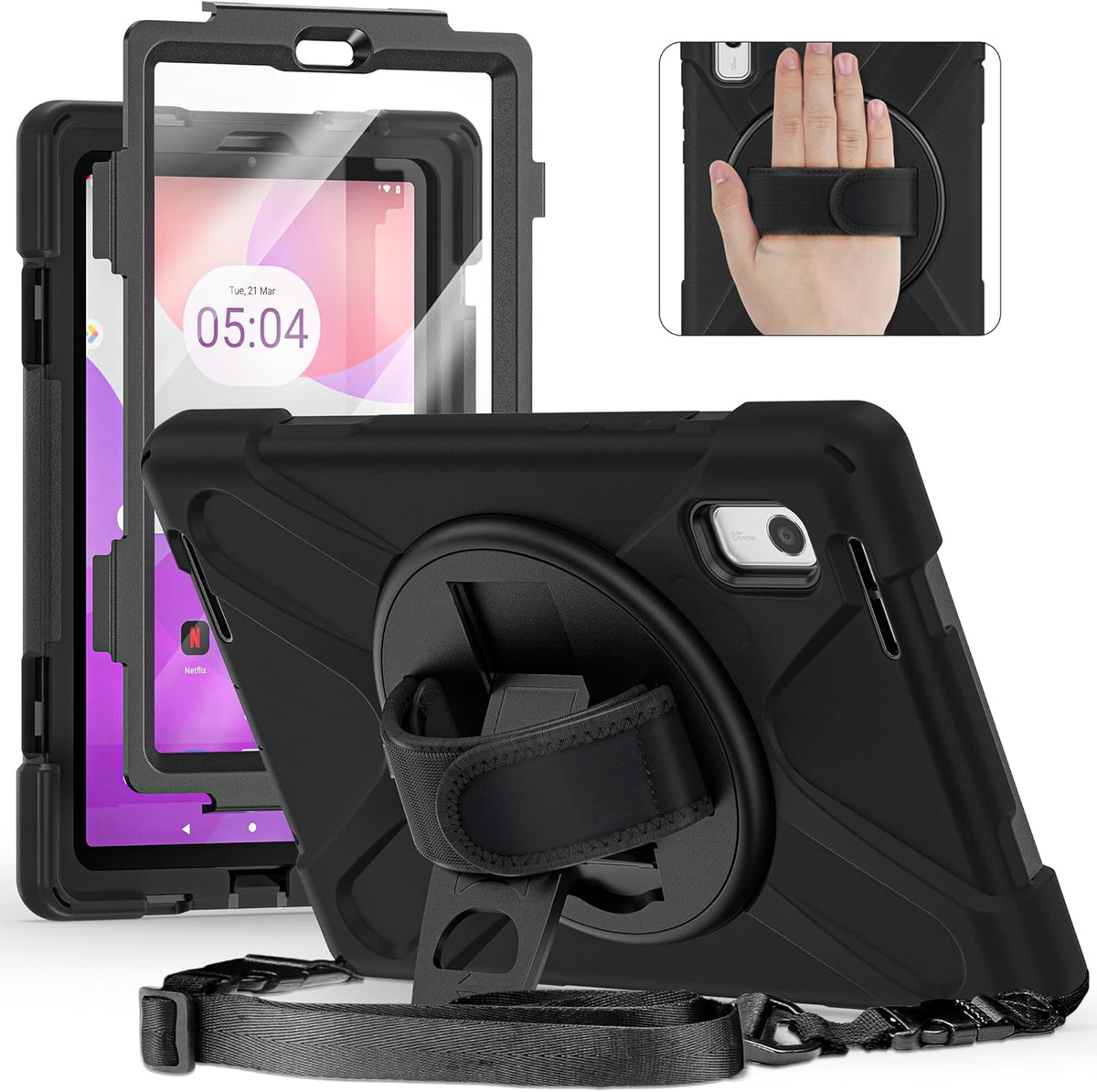 Junfire Shockproof Case for Lenovo Tab M9 2023 with Built-in Screen Protector, Heavy Duty Rugged Case with 360°Rotatable Kickstand/Hand Strap/Stylus Holder for TB-310FU/TB-310FX, Black