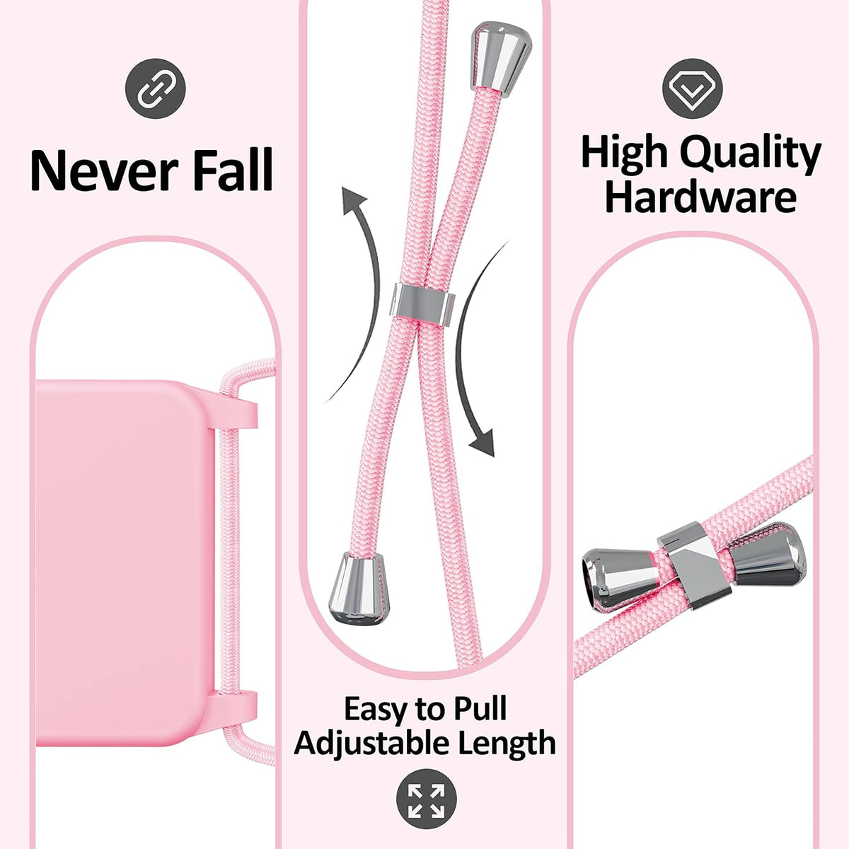 Blaspins Crossbody Lanyard Strap Case for iPhone 13 Pro, Neck Cross Body, Adjustable Holder Removable, Drop Protection Shockproof, Hands-Free Silicone Case 6.1 inch, 150 cm Strap, iP13Pro - Pink