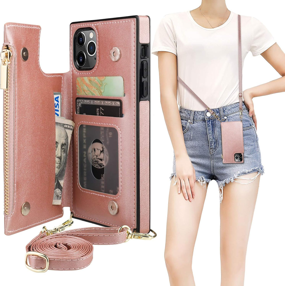 Bocasal Crossbody Wallet Case for iPhone 11 Pro with Card Holder,Zipper Card Slot Protector Shockproof Purse Cover with Removable Cross Body Strap 5.8 Inch(Rose Gold)