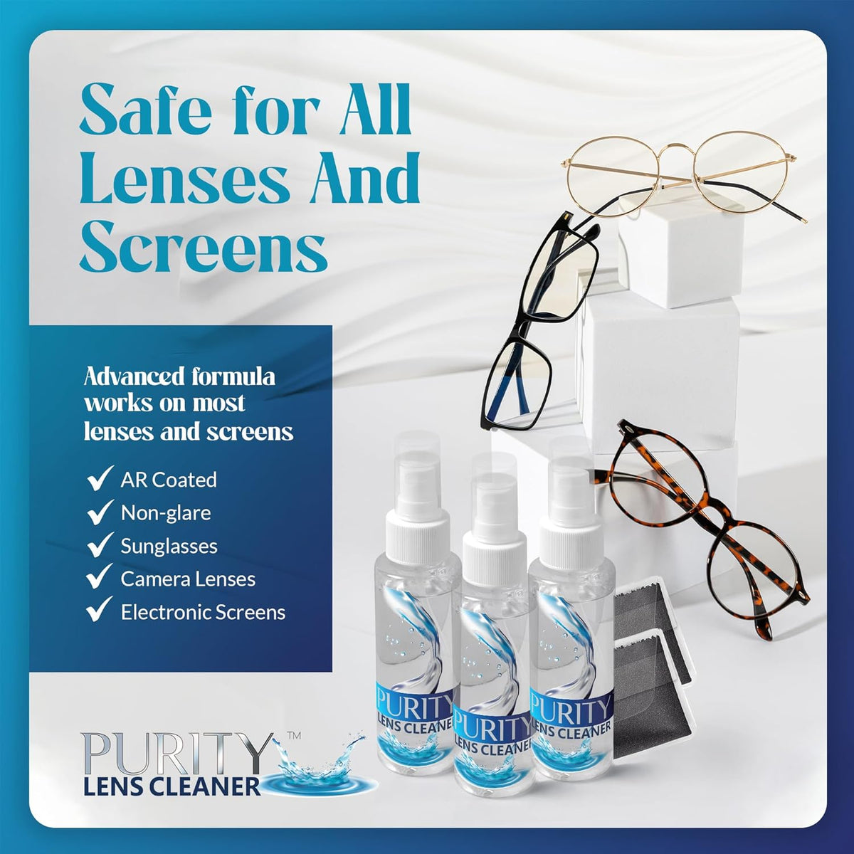 Purity Eyeglass Lens Cleaner Kit - 3 x 1oz Travel Size Lens Cleaner Spray Bottle + 2 Microfiber Cleaning Cloths - Safe for All Lenses (AR Coated Included), Eyeglasses and Screens - Clear