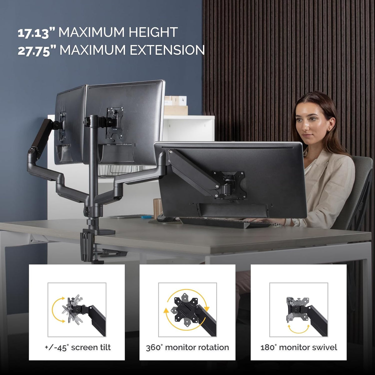 Fellowes Platinum Series Triple Monitor Arm for 27-Inch Monitors, Full Motion, 360° Rotation, VESA Mount with Grommet or Clamp, USB Ports, Ergonomic, Black, 8042601