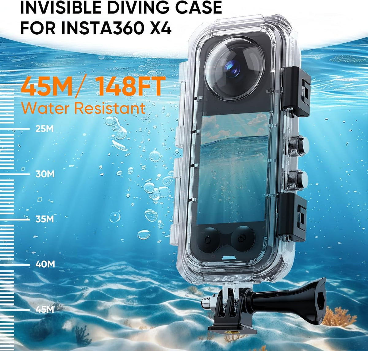 HONGDAK Invisible Dive Case for Insta360 X4, 45m/147ft Waterproof Case Protective Underwater Diving Housing Shell for Insta360 X4 with with Bracket Accessories & Anti- Fog Inserts